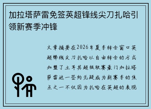 加拉塔萨雷免签英超锋线尖刀扎哈引领新赛季冲锋 加拉塔萨雷免签英超锋线尖刀扎哈引领新赛季冲锋
